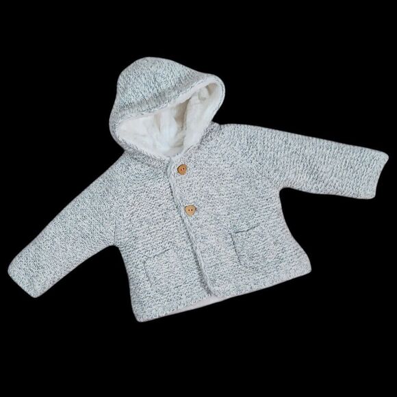 Zara Mini Collections Sweater Jacket Fleece Lined Hooded Grey White 6-9 Months - Picture 1 of 9